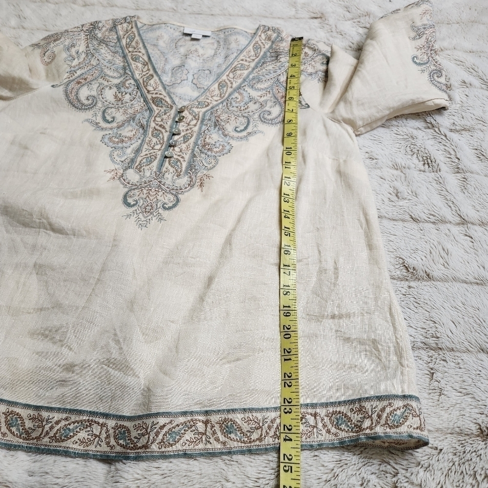 Shirt pullover 100% Linen Paisley BOHO Cream color and blues Size S-M J.JILL - Picture 11 of 14